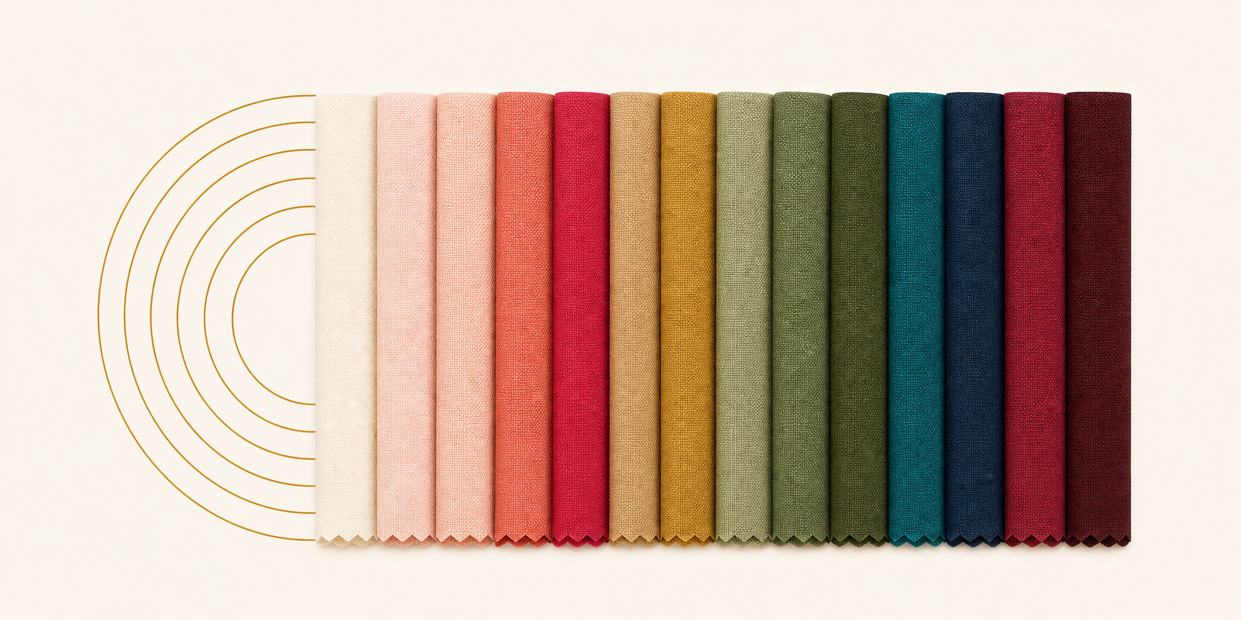 A refined spectrum of fabric swatches in cream, blush, coral, raspberry, gold, sage, olive, teal, navy, and wine with antique-gold linework